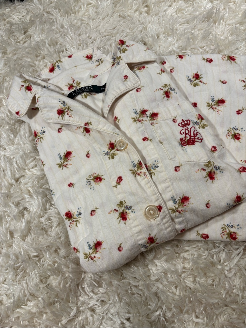 Ralph Lauren White Button-Up Pajama Set with Red Floral Embroidery-PM - Picture 2 of 11